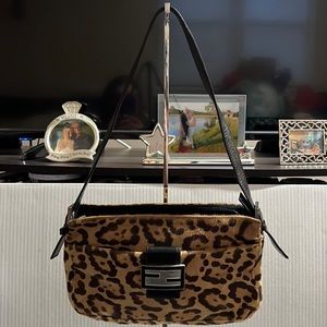 Authentic FENDI Leopard Ponyhair Mama Baguette Shoulder Handbag